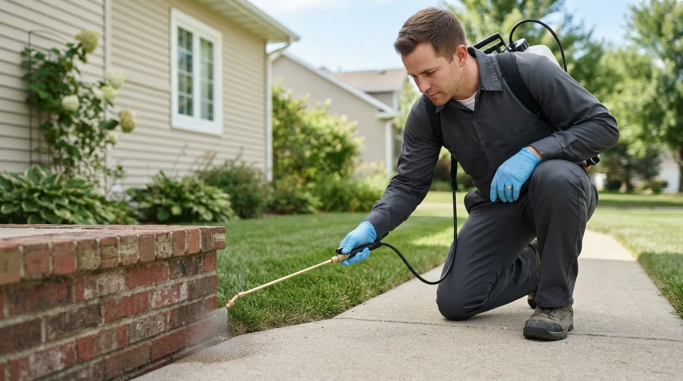 Pest control technician treating a home near Coello, IL